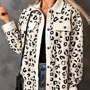 Cream & Black Corduroy Leopard Print Oversized Shacket